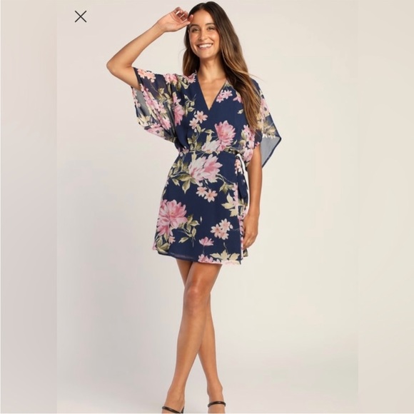 Lulus | Dresses | Nwtlulus Aura Navy Blue Floral Short Sleeve Wrap ...